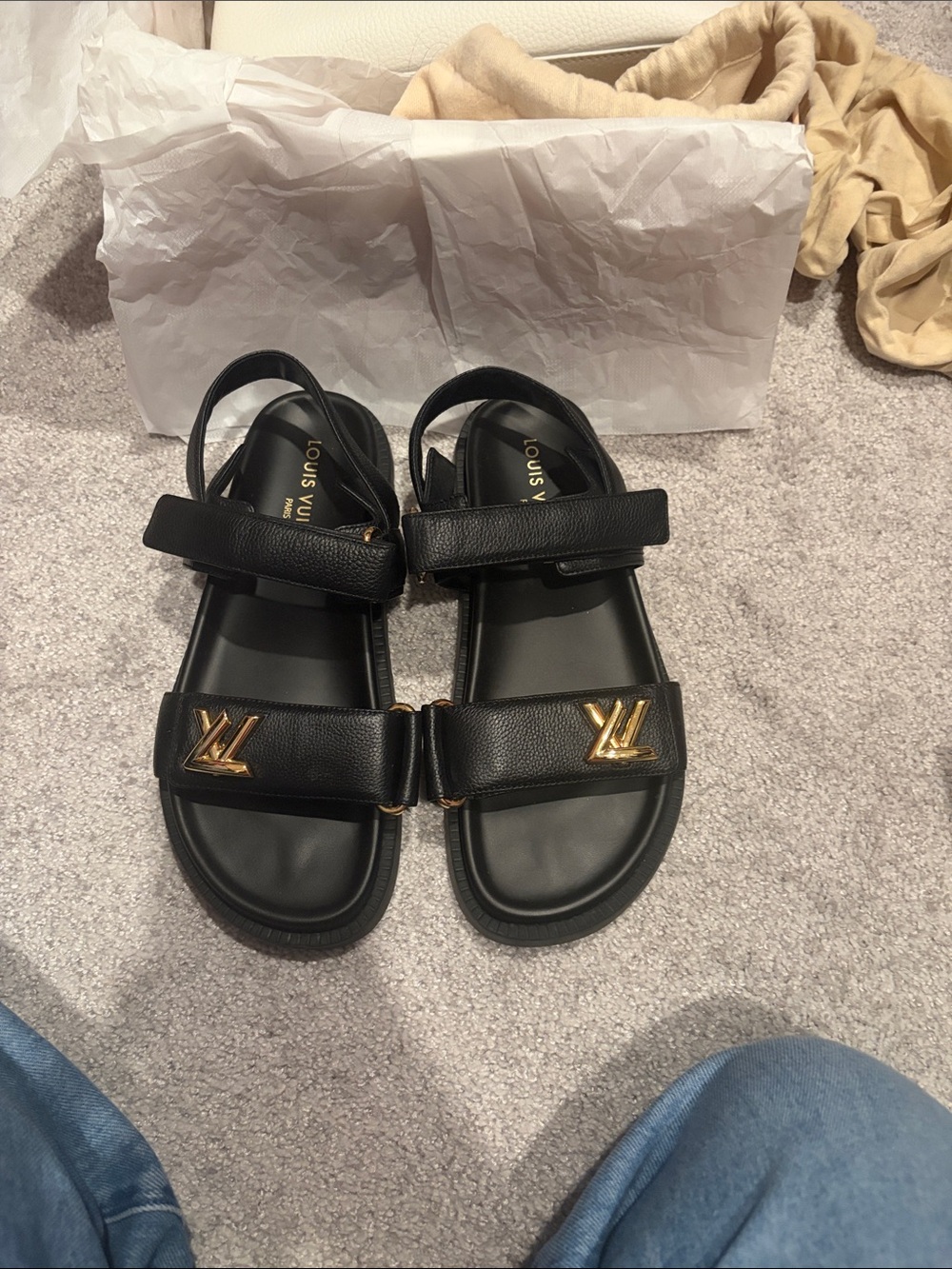 Louis Vuitton Black Leather Sandals with Gold LV Hardware